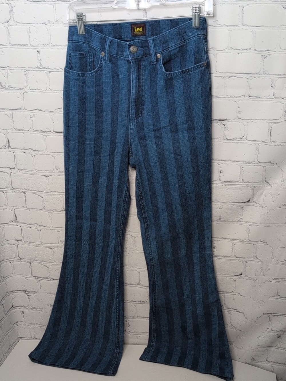 Lee Women's Two-Tone high Rise Blue Vertical Stripe Flare Jeans